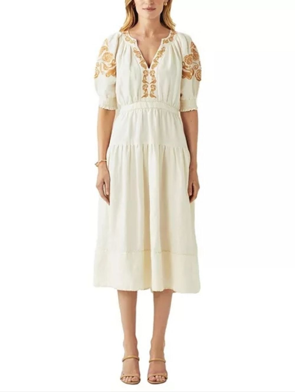 Cartolina Lizette Linen Blend Embroidered Belted Puff Sleeve Ivory Midi Dress M - Picture 4 of 16